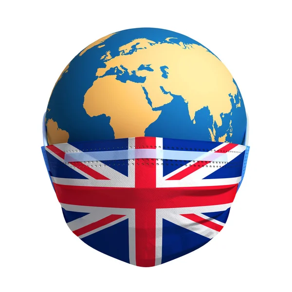 Planeta Země Lékařské Masce Vlajka Velké Británie Bílém Pozadí Novel — Stock fotografie