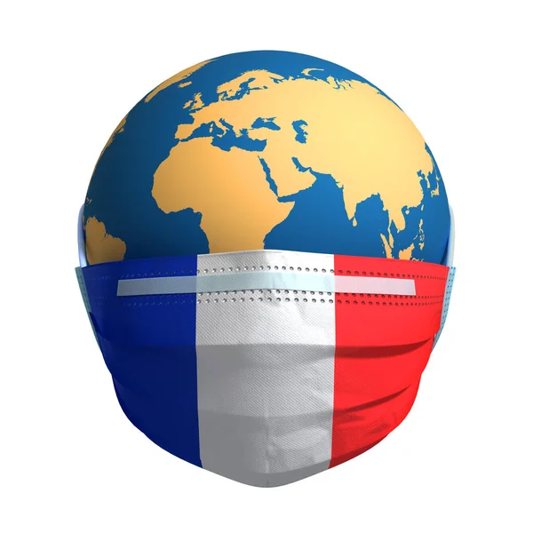 Planet Earth In Medical Mask And Flag Of France On White Background. Novel Coronavirus Covid-19. Concept Of Coronavirus Quarantine. 3D Illustration.