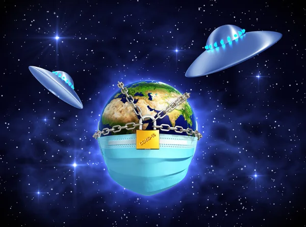Twee Ufo Voor Gesloten Planeet Aarde Nieuw Coronavirus Covid Onderwerp — Stockfoto