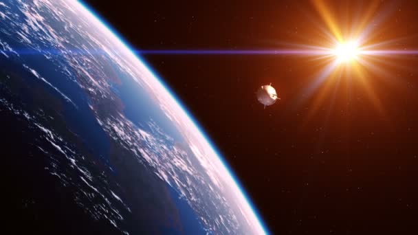 Kommersiella rymdfarkoster i den röda solens strålar — Stockvideo