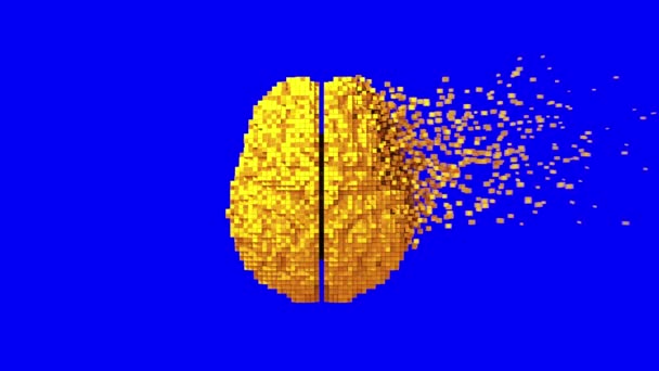 Desintegración del cerebro digital dorado sobre fondo azul — Vídeos de Stock