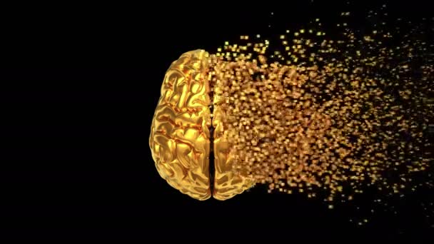 4K. Desintegratie van Golden Brain op zwarte achtergrond met Alpha Matte. — Stockvideo