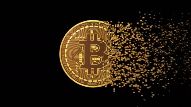 4K. Désintégration de Bitcoin sur fond noir avec Alpha Matte . — Video