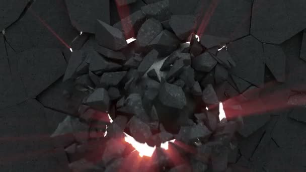 Rayons de lumière font leur chemin à travers un mur de béton détruit par une boule de démolition métallique — Video