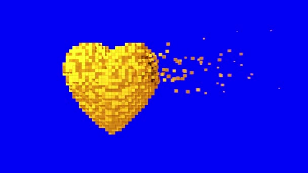 4K. Disintegrazione del cuore digitale oro sullo schermo blu . — Video Stock