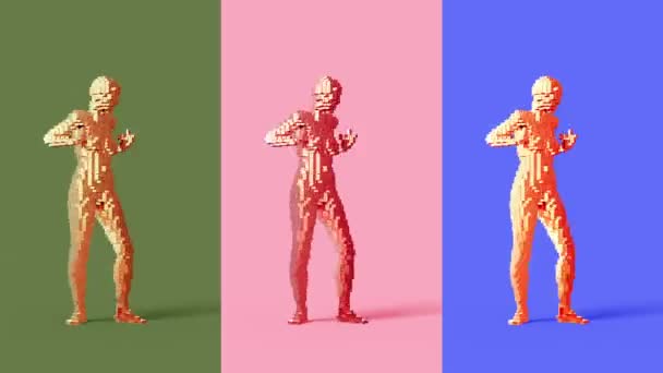 4k. Chicas bailando que consisten en píxeles 3D de oro . — Vídeos de Stock