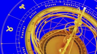 Zodiac İşaretleri ve Mavi Ekran 'daki Armillary Küresi. Kusursuz Döngülü.