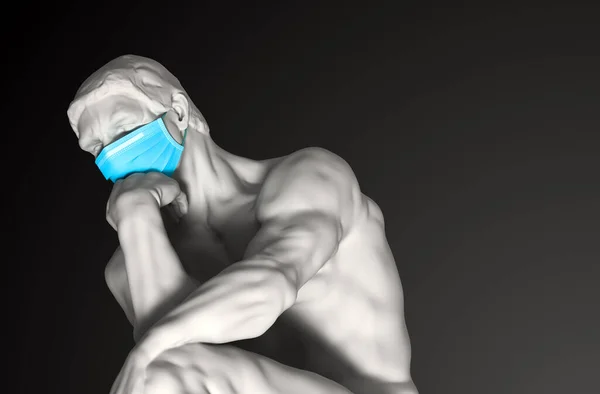 Sculpture Thinker In Medical Mask. Concept Of Coronavirus Quarantine.