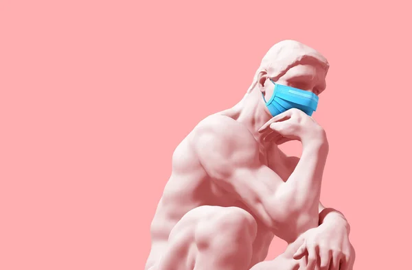 Мыслитель в медицинской маске на розовом фоне. Концепция коронавирусного карантина . — стоковое фото