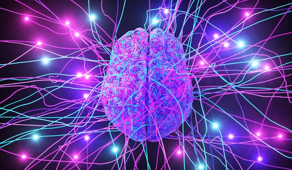 Ludzki mózg składający się z kolorowych przewodów otoczony nićmi neuronowymi — Zdjęcie stockowe