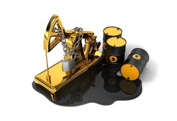 Locked Pumpjack, Barrels And Spilled Oil On White Background. Oil Production Reduction Concept. — Stock Photo, Image