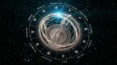 4 bin. Zodiac işaretleri ve Kara Arkaplan 'daki Armillary Küresi. Kusursuz Döngülü.