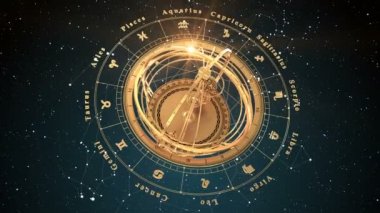 4 bin. Mavi Arkaplanda Zodiac işaretleri ve Armillary Küresi. Kusursuz Döngülü.