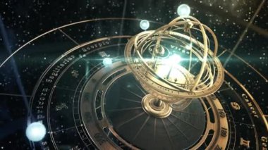 4 bin. Yıldızlı Gökyüzünün Arkaplanında Armillary Küresi ve Zodiac Astroloji İşaretleri.