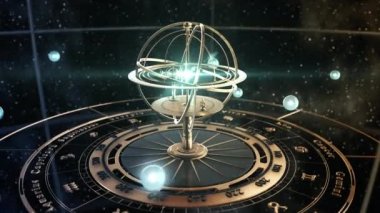 4 bin. Yıldızlı Gökyüzünün Arkaplanında Armillary Küresi ve Astroloji İşaretleri.