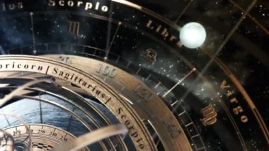 Armillary Sphere ve Zodiac Astroloji İşaretleri Yıldızlı Gökyüzünün Arkaplanında. 4K.