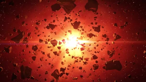 Grupo de asteroides en los rayos del sol rojo . — Vídeo de stock