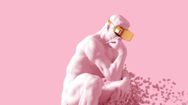 Pensador de esculturas con gafas Golden VR desintegradas en píxeles 3D sobre fondo rosa — Vídeos de Stock