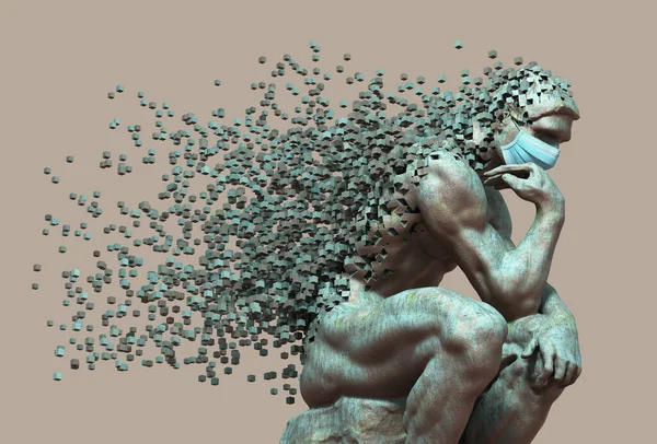Cooper Thinker em máscara médica desintegrada em pixels 3D — Fotografia de Stock