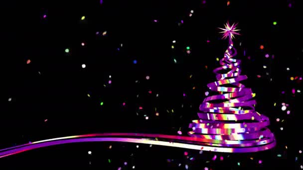 紫の虹色のリボンとコンフェッティ爆発からのクリスマスツリー . — ストック動画