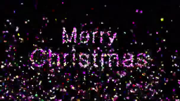 Текст Merry Christmas appearing From Confetti Explosions On Black Background with Alpha matte. — стокове відео