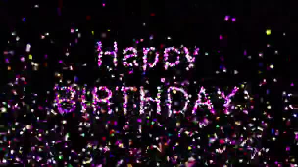 Text Grattis på födelsedagen från Confetti explosioner på svart bakgrund med Alpha Matt. 4K. — Stockvideo