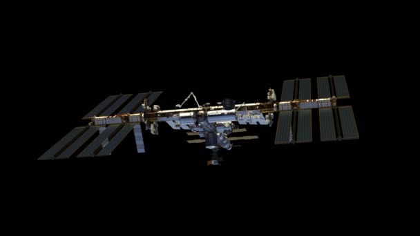 Estação Espacial Internacional gira painéis solares. Alpha Matte. 4K . — Vídeo de Stock