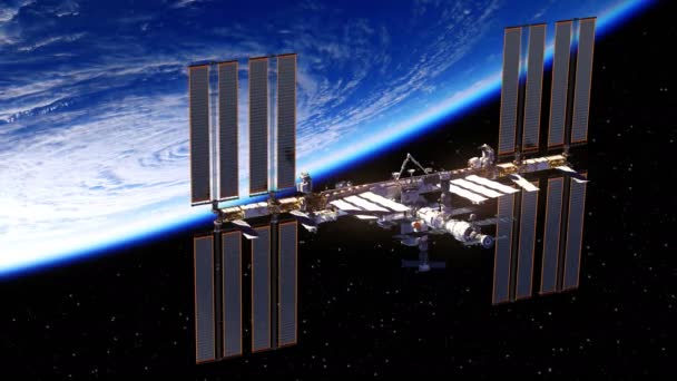 Estación Espacial Internacional gira paneles solares en el espacio exterior . — Vídeos de Stock