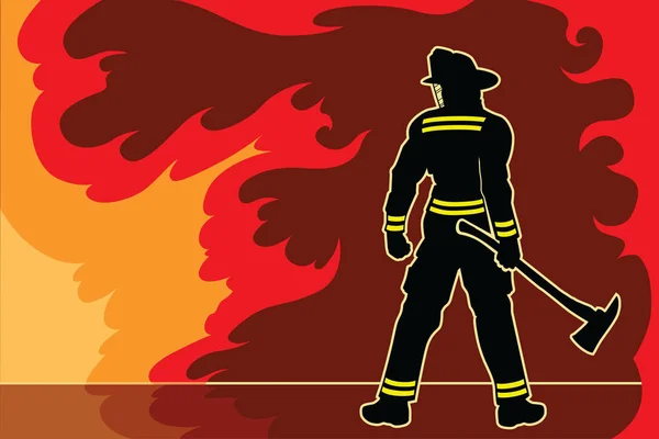 Bombero se detiene con fuego — Vector de stock