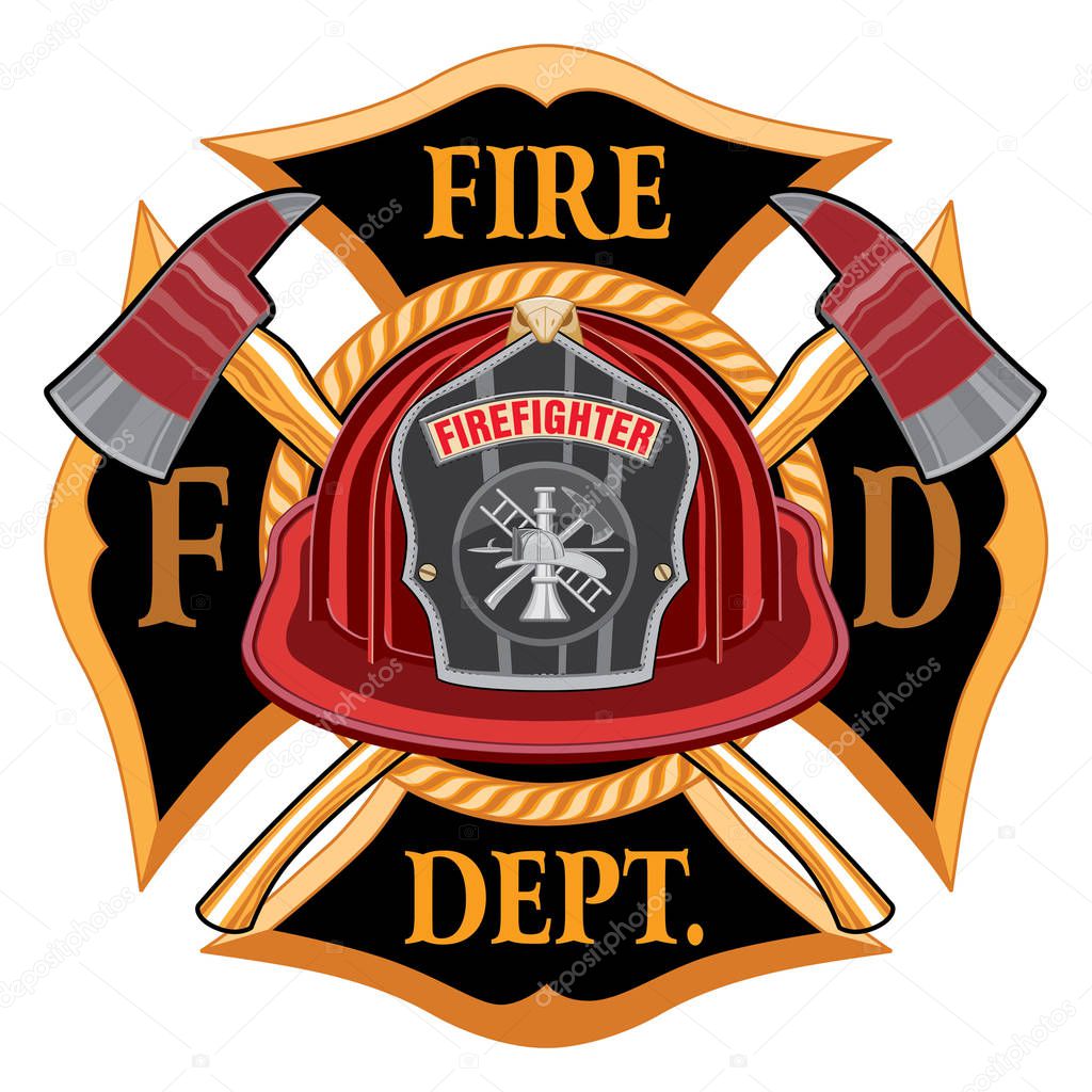 Fire Department Cross Vintage with Red Helmet and Axes is an illustration of a vintage fireman or firefighter Maltese cross emblem with a red firefighter helmet with badge and crossed axes. Great for t-shirts, flyers, and websites.