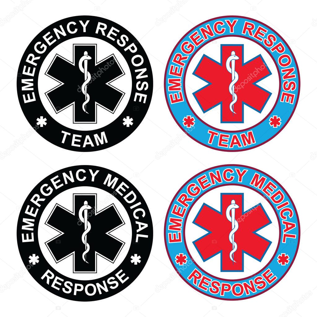 Emergency Medical Response Team is an illustration of an emergency response team emblem and an emergency medical response emblem. Each rescue symbol comes in both a black and white and color version.