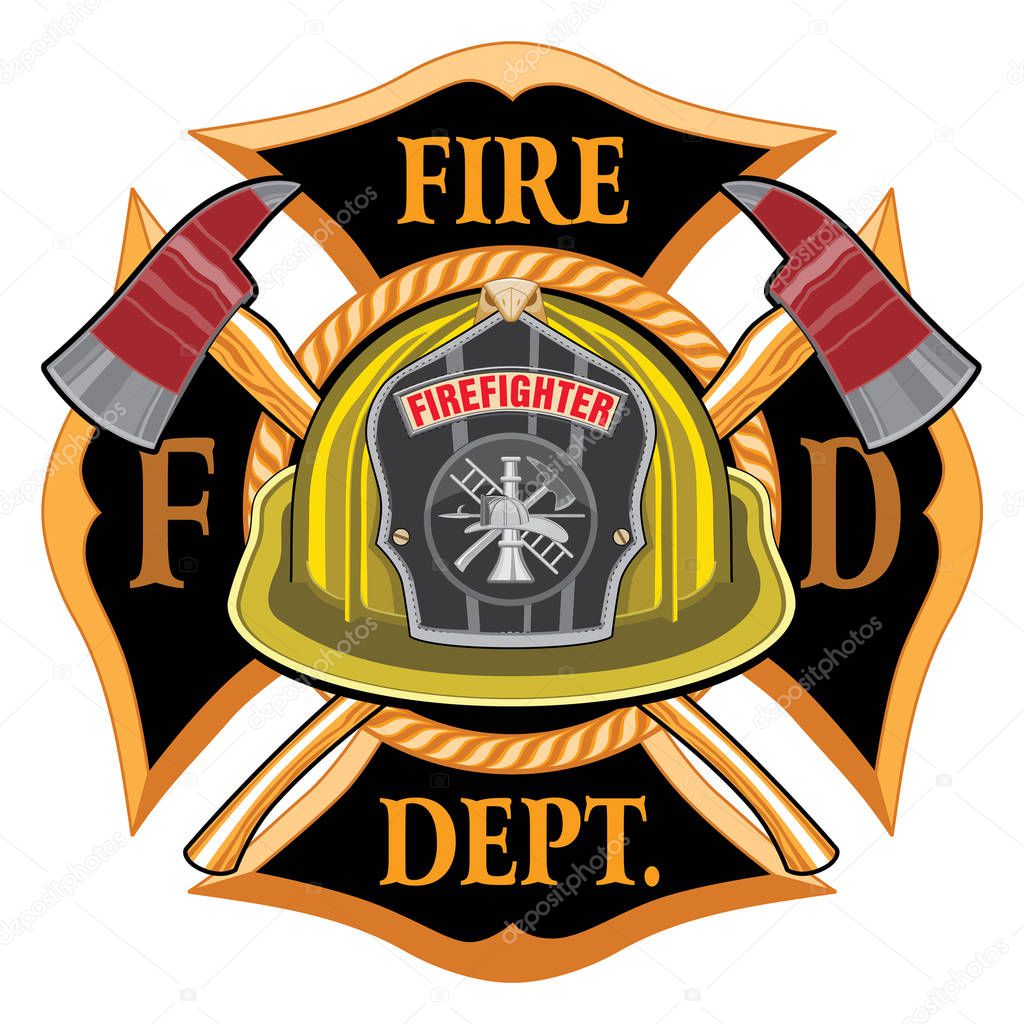 Fire Department Cross Vintage with Yellow Helmet and Axes is an illustration of a vintage fireman or firefighter Maltese cross emblem with a yellow volunteer firefighter helmet with badge and crossed axes. Great for t-shirts, flyers, and websites.