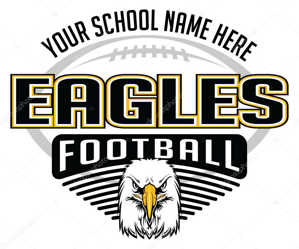 Eagles Football Concept is a team design template that includes a football, an eagles mascot head and text that says eagles football. Great for a t-shirt.