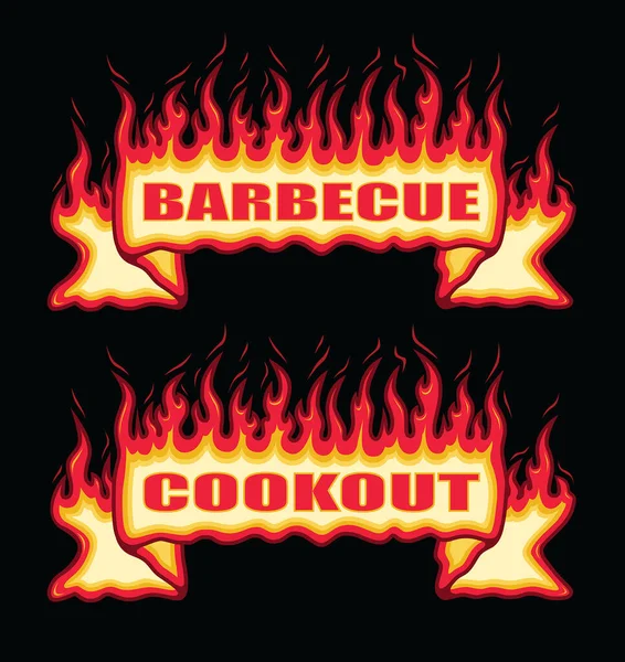 Barbecue Cookout Fire Flame Banner Straight Scroll Illustration Rak Skriftrulle — Stock vektor