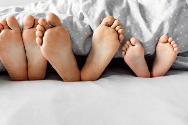 Genç bir aile, bir aile sabah uyanır, yatağın üzerinde ayaklar, genç bir ailenin sağlıklı bacakları, yatakta aile bacakları, genç bir ailenin battaniyesinin altında bacaklar, yatağın arka planında mutlu bir aile.