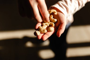 Ceviz, fındık, fındık, fındık, fındık, sağlıklı yiyecek, fındık hasadı tutan ellerin üst görüntüsü.