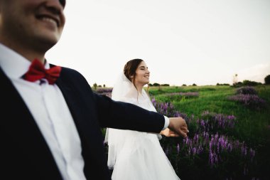 Ön plandaki damat, gelin ve damat gün batımında sarılıyor. Mutlu gelin ve damat gülümsüyor. Düğün gününden sonra mutlu gelin ve damat. Düğün günü.