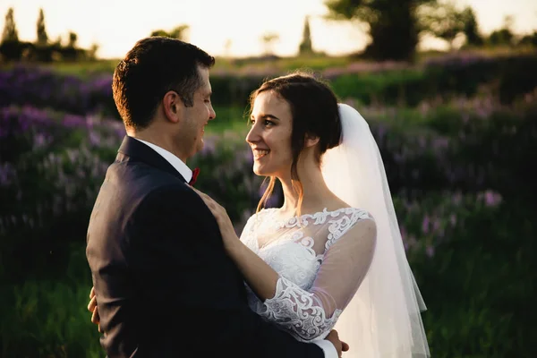 Νύφη Και Γαμπρός Αγκαλιάζονται Στο Ηλιοβασιλέμα Ευτυχισμένη Νύφη Και Γαμπρός — Φωτογραφία Αρχείου