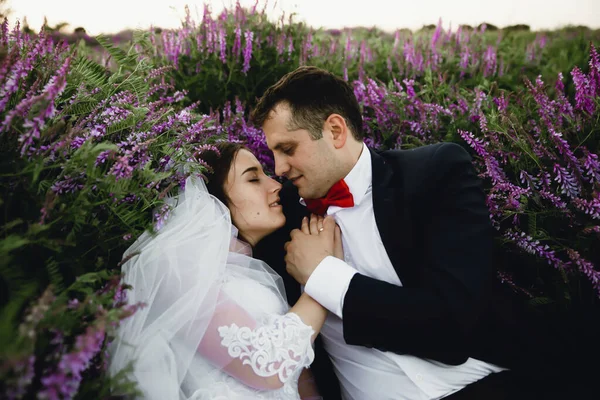 Couple Coucher Soleil Dans Une Robe Mariée Trouvent Sur Herbe — Photo