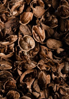 Karşıt arkaplanda ceviz kabuğunun üst görüntüsü, çok sayıda soyulmuş ceviz kabuğu, ceviz dokusu