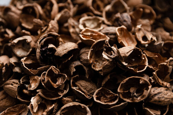 top view of walnut shell on a contrasting background,a large number of peeled walnut shells,walnut texture