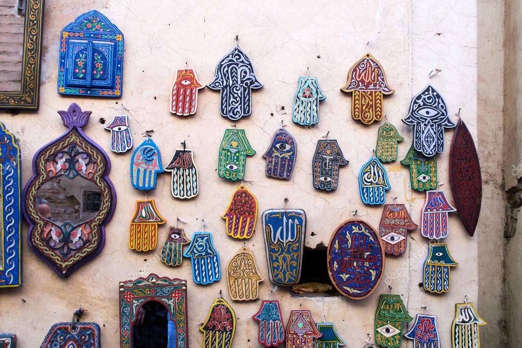 Selection of traditional Moroccan amulets, khamsa, providing def