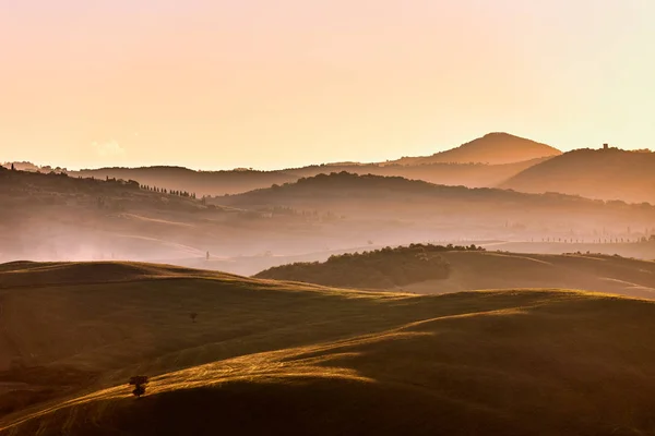 Colline toscane all'alba. Tipico paesaggio rurale. Toscana, Italia — Foto Stock