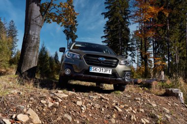 Wisla / Polonya - 10.13.2019: Kalıcı her şeye sahip Subaru Outback