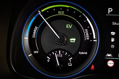Fuel consumption efficiency indicator in a hybrid car clipart