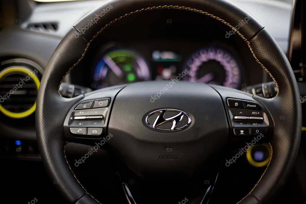 Katowice/Poland - 02.16.2020: The steering wheel in Hyundai Kona, a modern crossover car.
