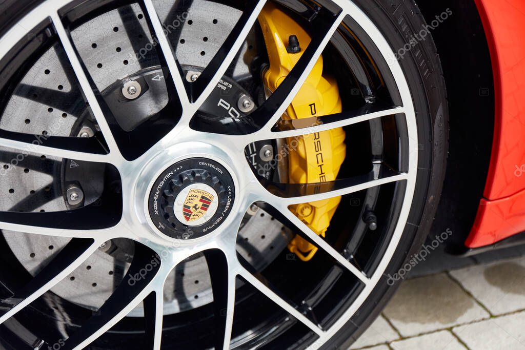 Warsaw / Poland, 06.16.2018: The Porsche 911 Carrera with Pirelli tyre