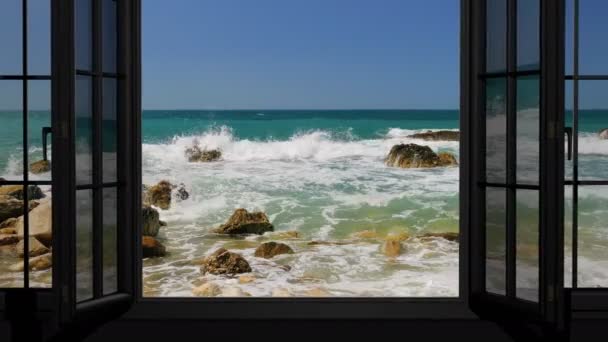 Mirando por la ventana al mar en verano — Vídeos de Stock