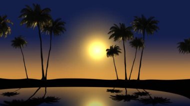 Günbatımı ve palm ağaçlar tropikal rüzgarda, 3d animasyon
