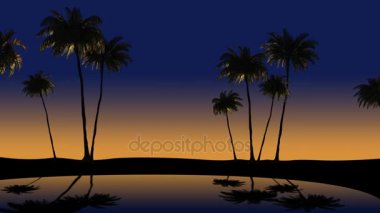 Günbatımı ve palm ağaçlar tropikal rüzgarda, 3d animasyon